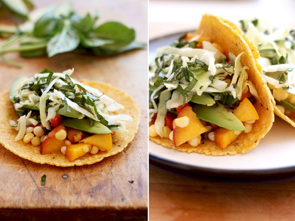 peachy sweet corn succotash tacos with basil slaw