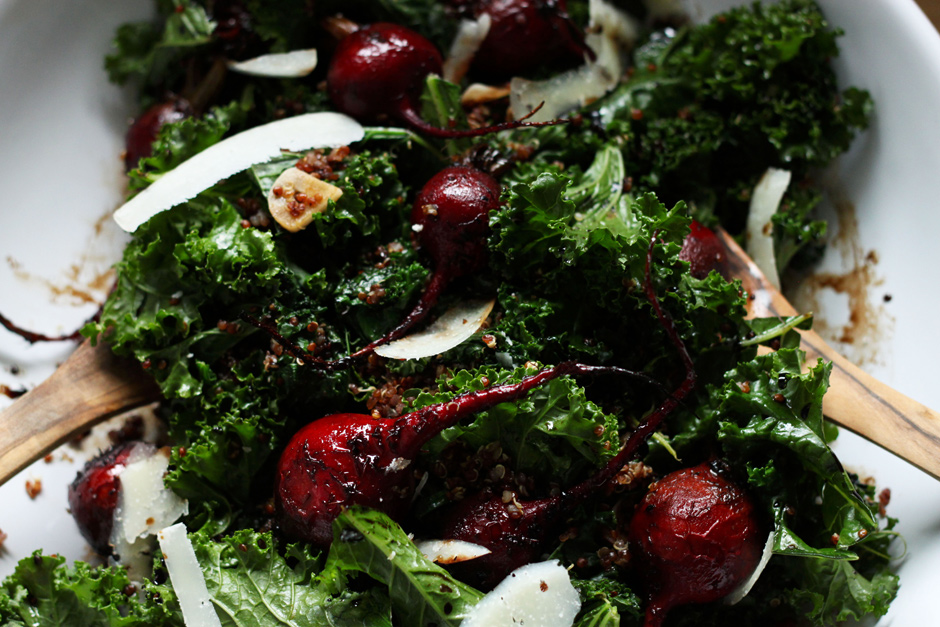 warm kale + quinoa salad with roasted balsamic beets // The First Mess